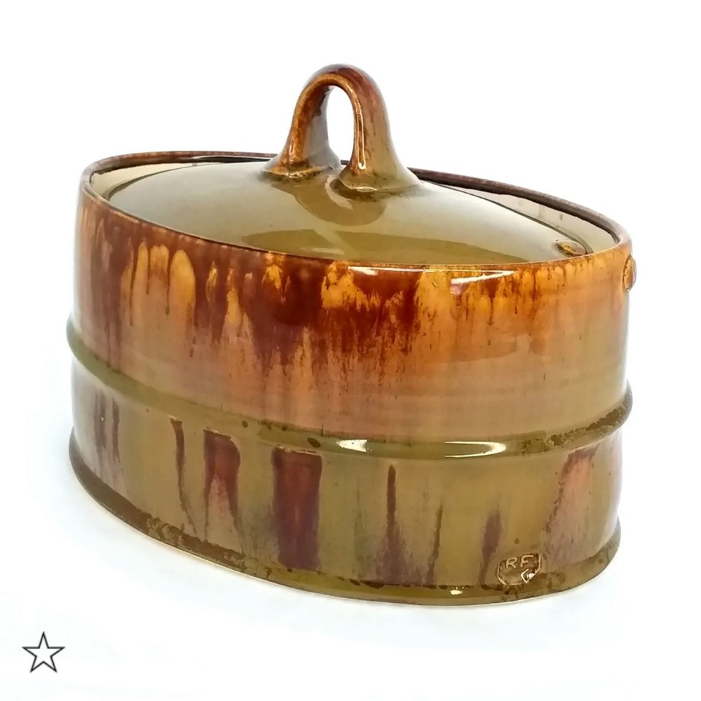 Vtg Richard Freeman Pottery Oval Covered Dish Canister Drip Glaze Stamped 3qt